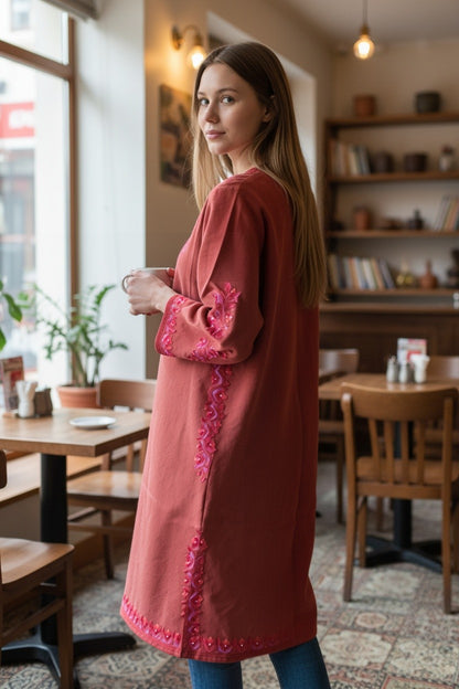 Kashmiri Woolen Pheran with Traditional Aari Embroidery | Hand Made (Pink - 5XL)