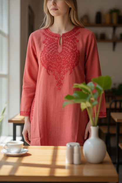 Kashmiri Woolen Pheran with Traditional Aari Embroidery | Hand Made (Pink, 4XL)