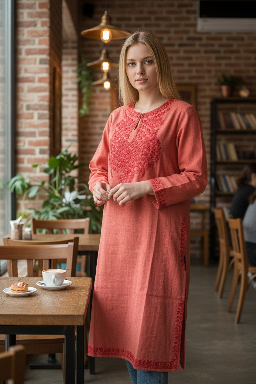 Kashmiri Woolen Pheran with Traditional Aari Embroidery | Hand Made (Pink, 4XL)