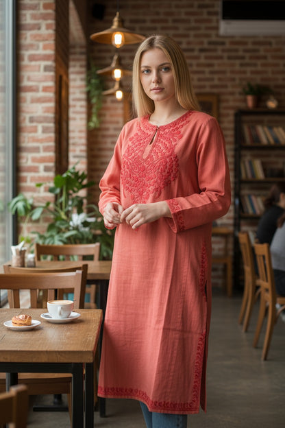 Kashmiri Woolen Pheran with Traditional Aari Embroidery | Hand Made (Pink, 4XL)