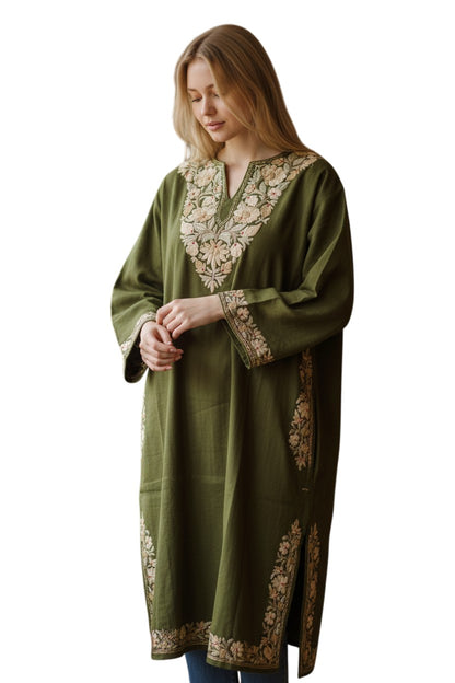 Kashmiri Woolen Pheran with Traditional Aari Embroidery - Light Green