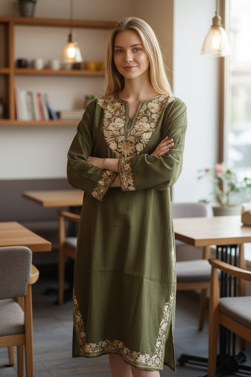 Kashmiri Woolen Pheran with Traditional Aari Embroidery - Light Green
