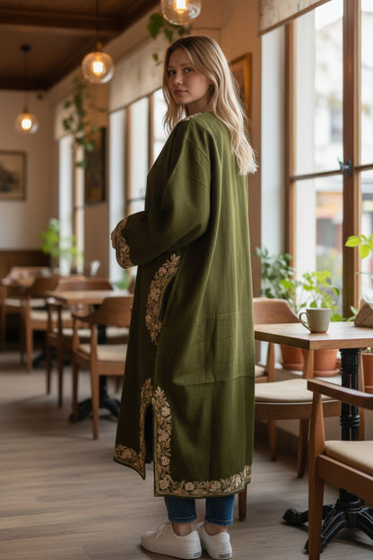 Kashmiri Woolen Pheran with Traditional Aari Embroidery - Light Green