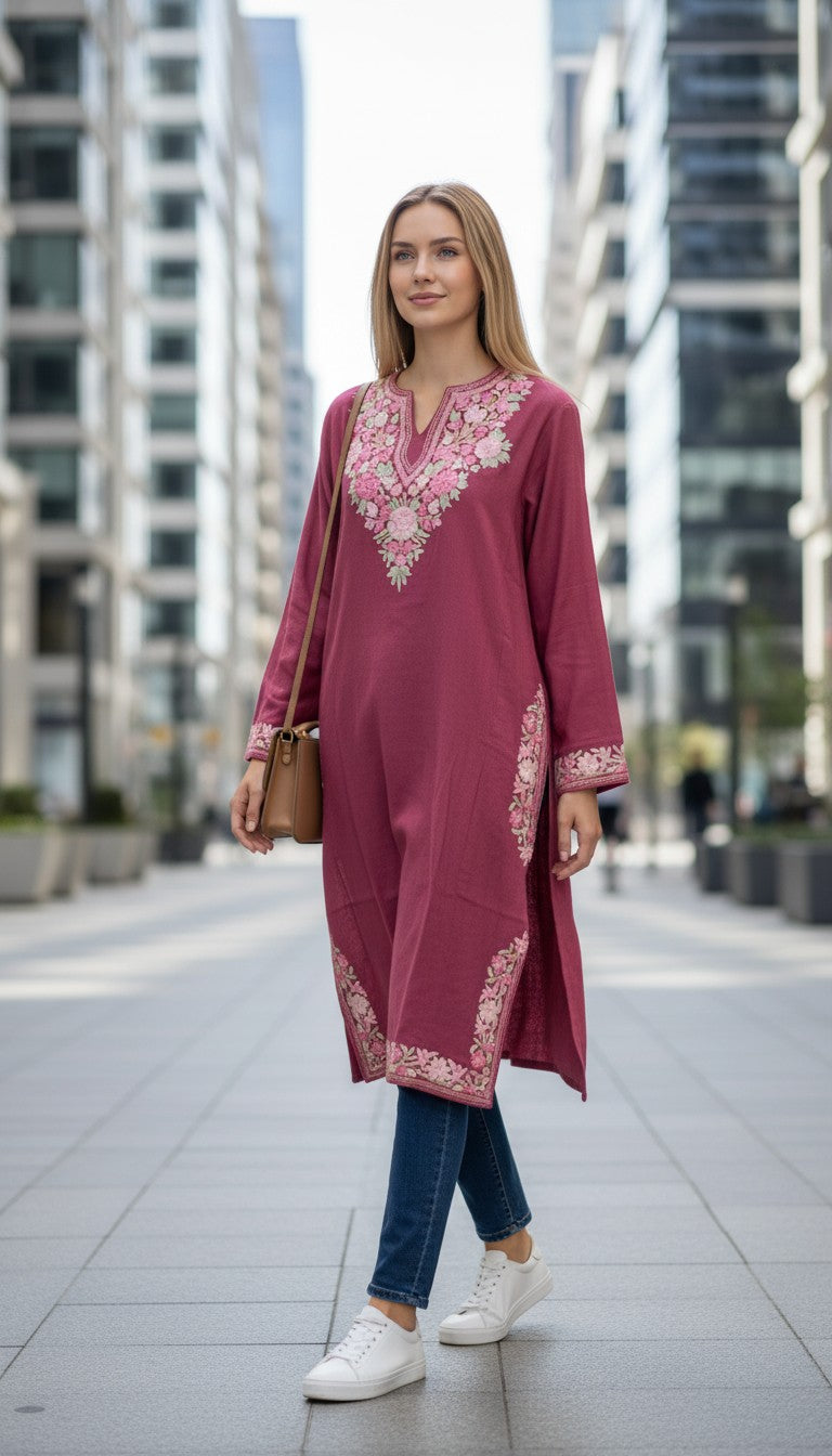 Kashmiri Woolen Pheran with Traditional Aari Embroidery - Pink