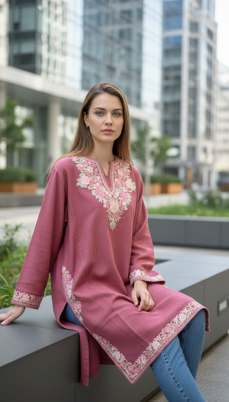 Kashmiri Woolen Pheran with Traditional Aari Embroidery - Pink