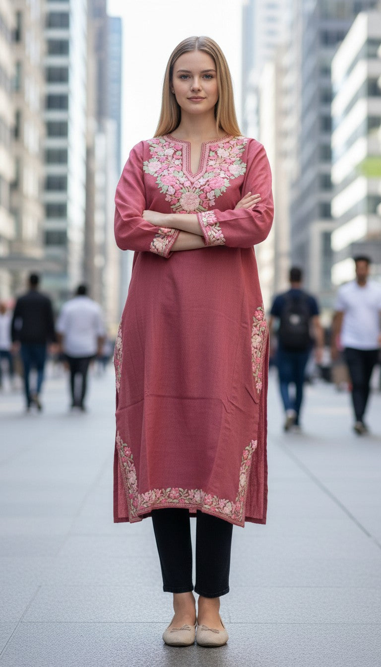 Kashmiri Woolen Pheran with Traditional Aari Embroidery - Pink