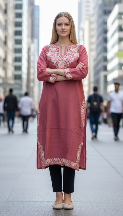 Kashmiri Woolen Pheran with Traditional Aari Embroidery - Pink