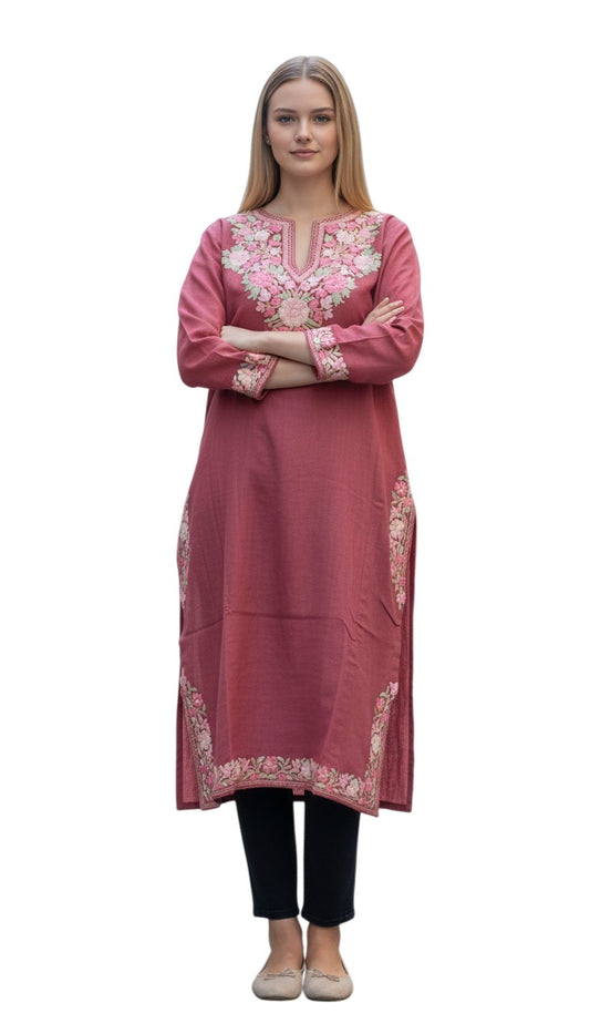 Kashmiri Woolen Pheran with Traditional Aari Embroidery - Pink