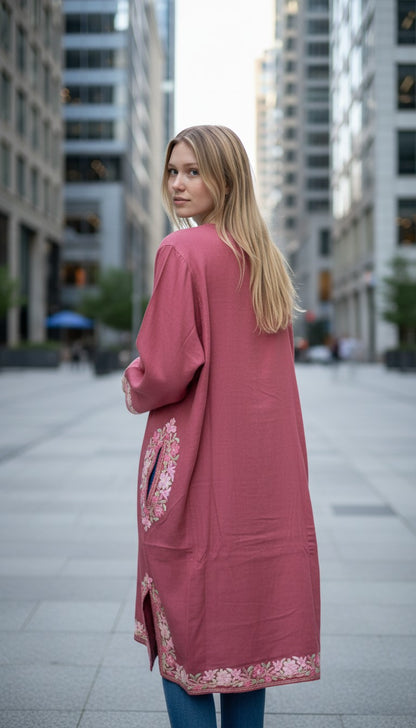 Kashmiri Woolen Pheran with Traditional Aari Embroidery - Pink