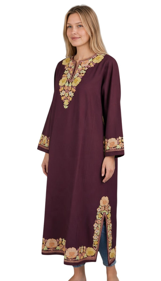 Kashmiri Woolen Pheran with Traditional Aari Embroidery - Maroon-1