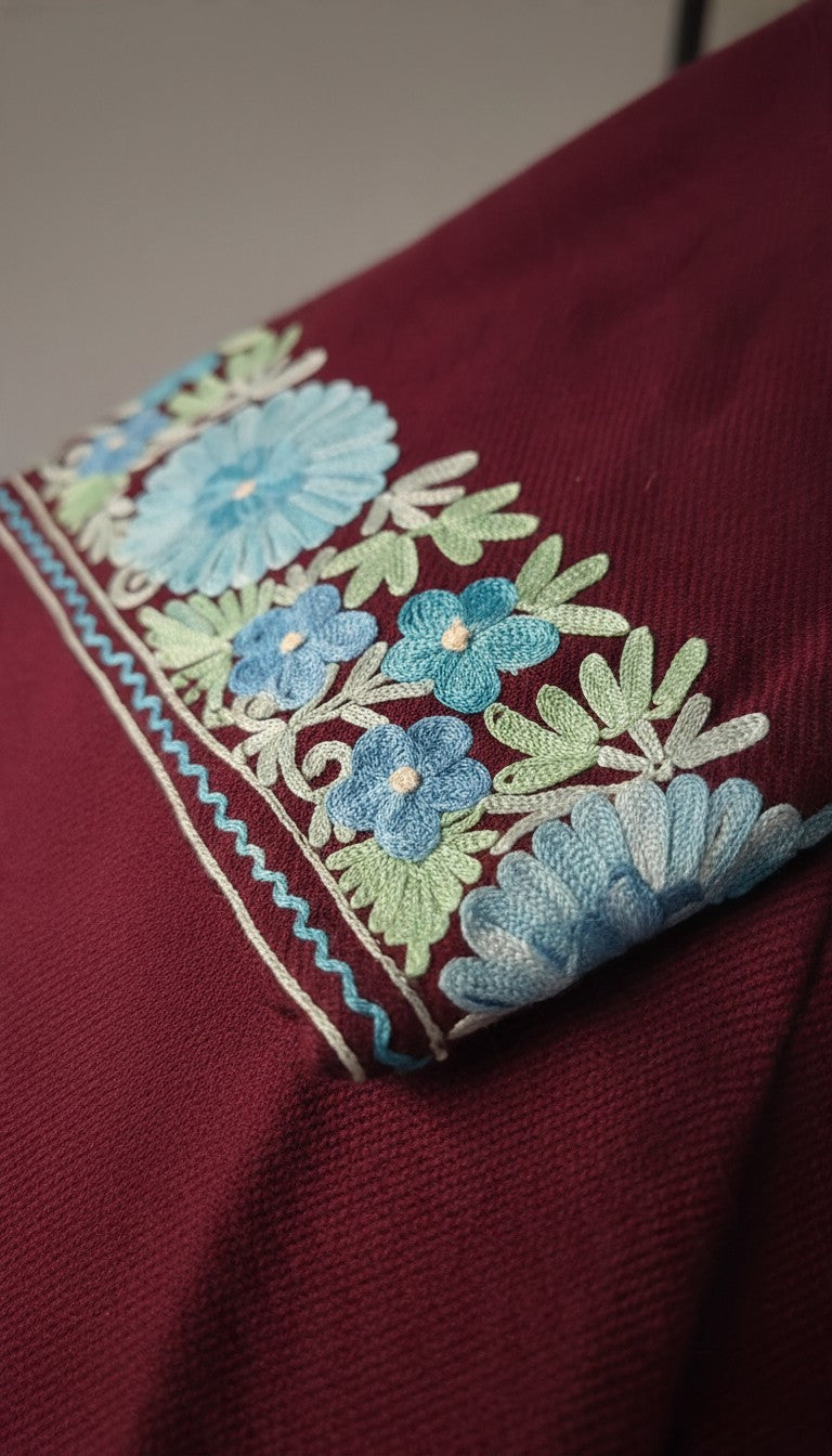 Kashmiri Woolen Pheran with Traditional Aari Embroidery - Maroon-2