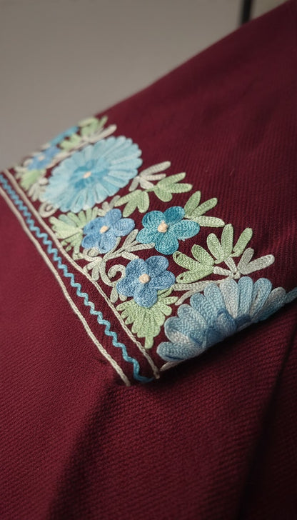 Kashmiri Woolen Pheran with Traditional Aari Embroidery - Maroon-2