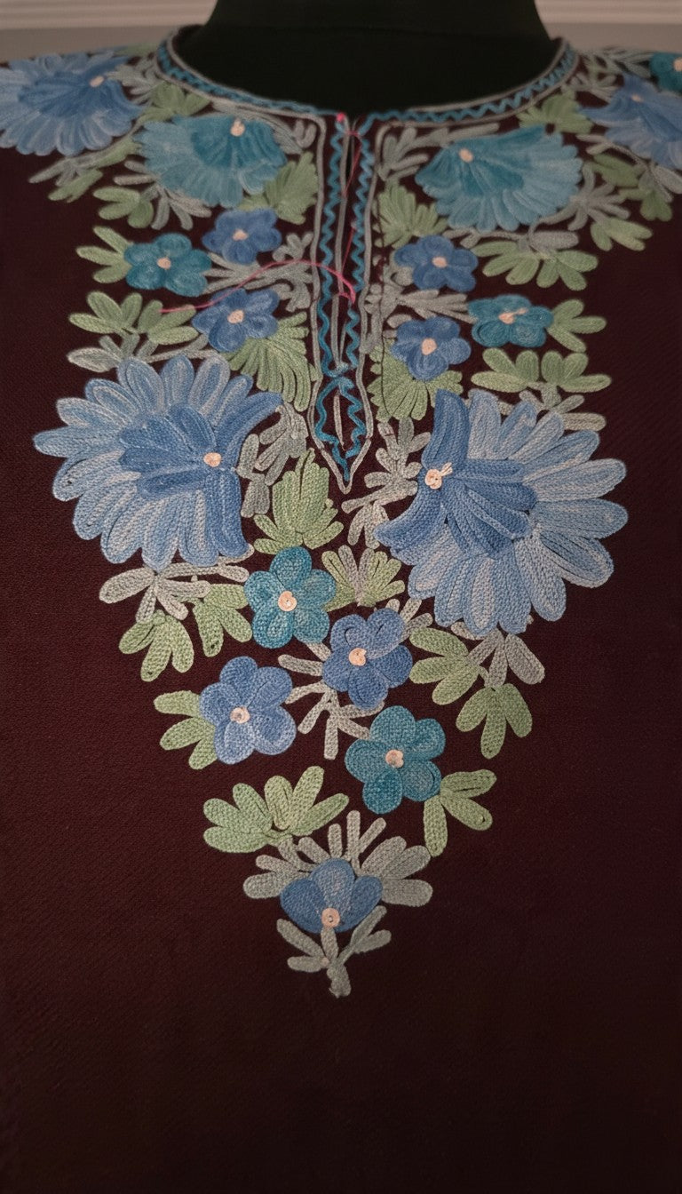 Kashmiri Woolen Pheran with Traditional Aari Embroidery - Maroon-2
