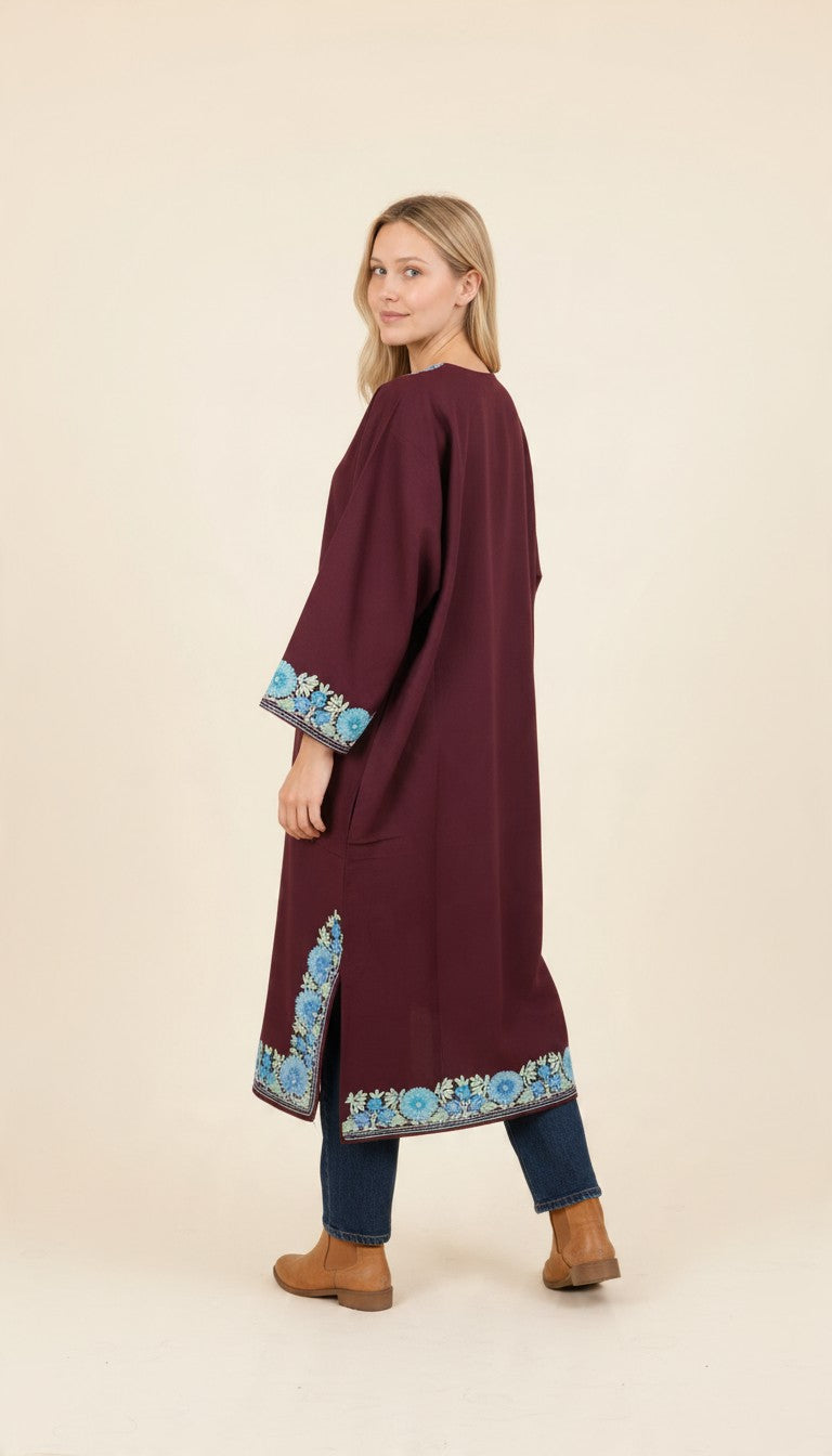 Kashmiri Woolen Pheran with Traditional Aari Embroidery - Maroon-2