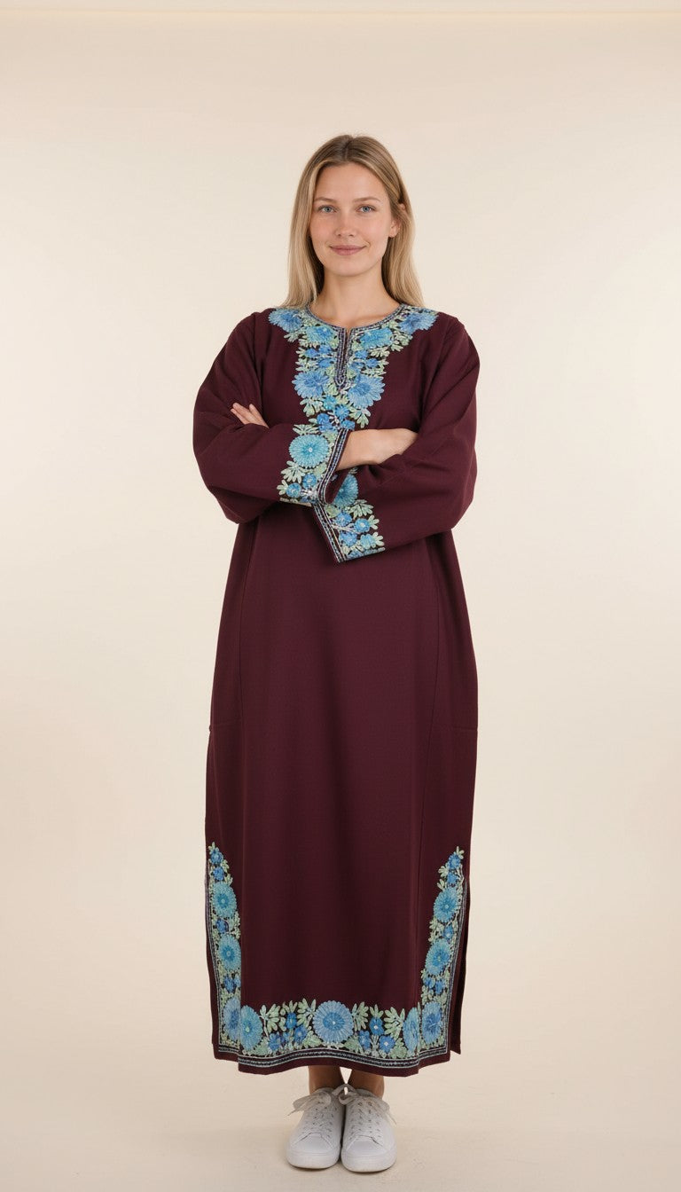 Kashmiri Woolen Pheran with Traditional Aari Embroidery - Maroon-2