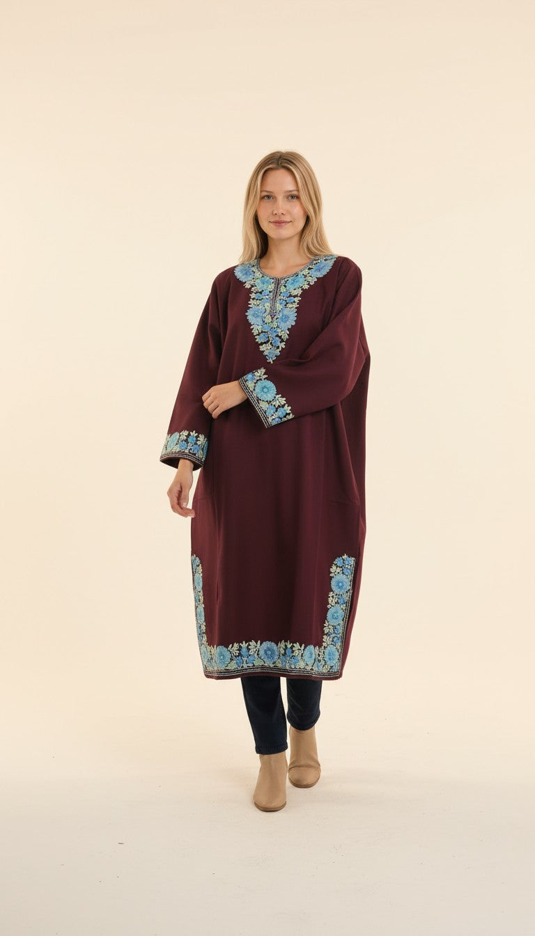 Kashmiri Woolen Pheran with Traditional Aari Embroidery - Maroon-2