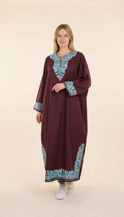 Kashmiri Woolen Pheran with Traditional Aari Embroidery - Maroon-2