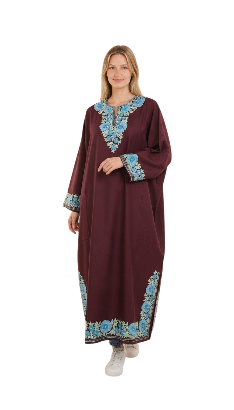 Kashmiri Woolen Pheran with Traditional Aari Embroidery - Maroon-2