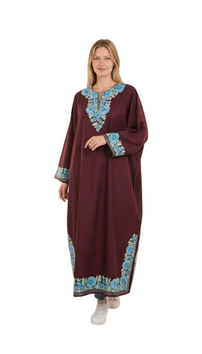 Kashmiri Woolen Pheran with Traditional Aari Embroidery - Maroon-2