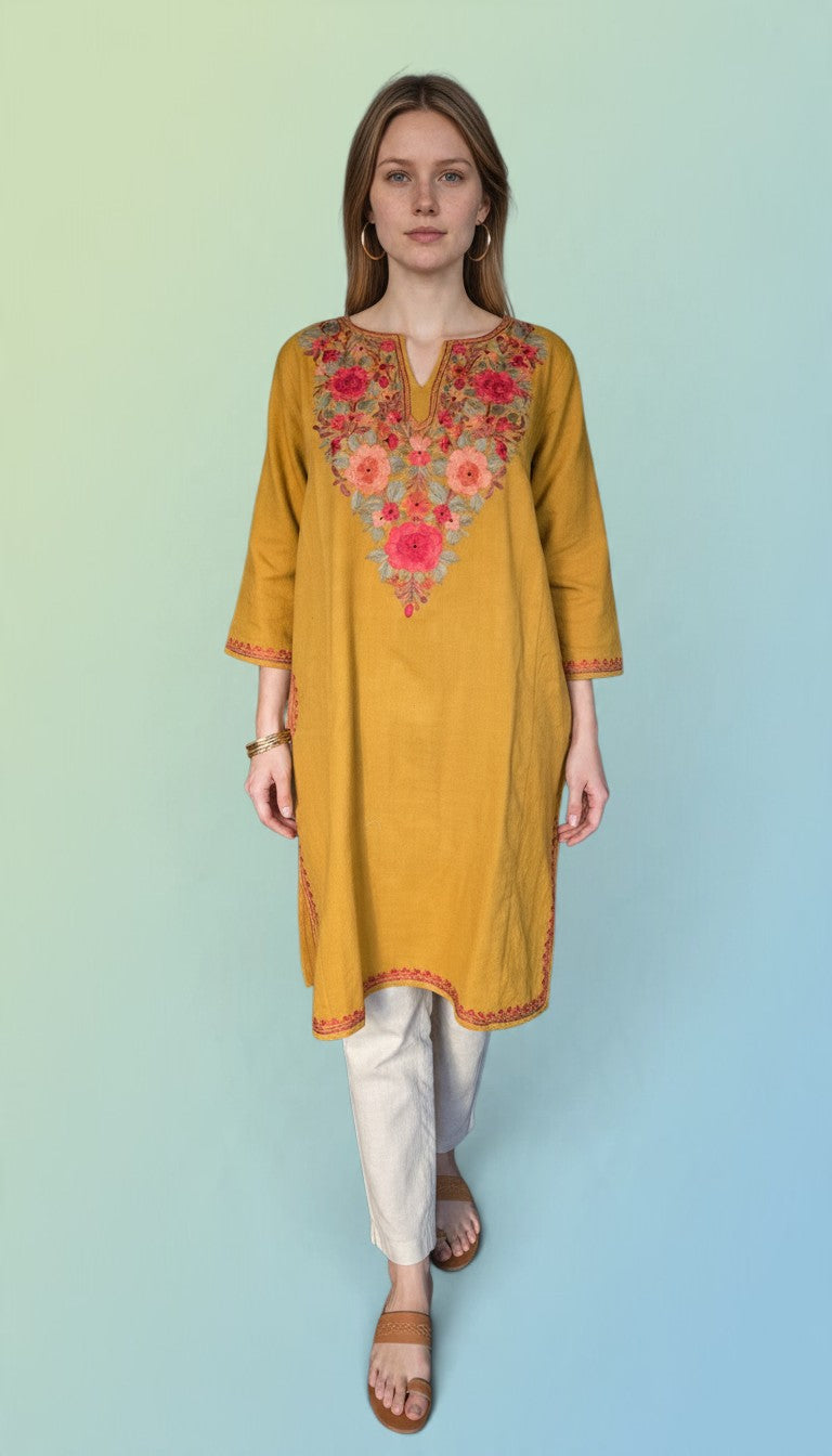 Kashmiri Woolen Pheran with Traditional Aari Embroidery - Mustard