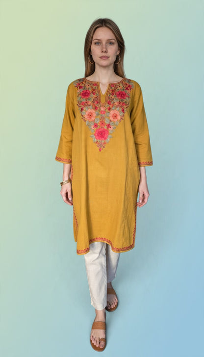 Kashmiri Woolen Pheran with Traditional Aari Embroidery - Mustard