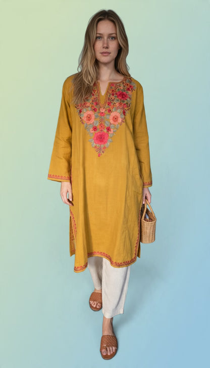 Kashmiri Woolen Pheran with Traditional Aari Embroidery - Mustard