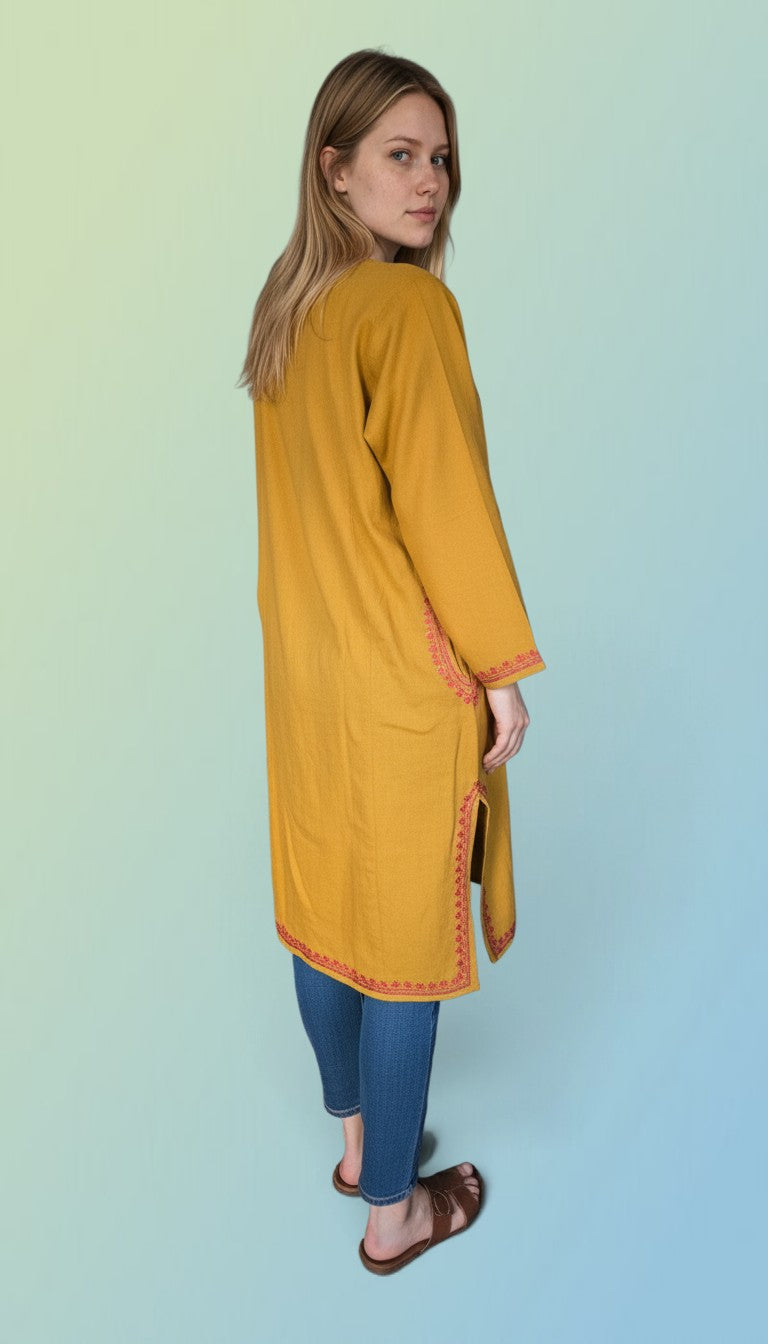 Kashmiri Woolen Pheran with Traditional Aari Embroidery - Mustard