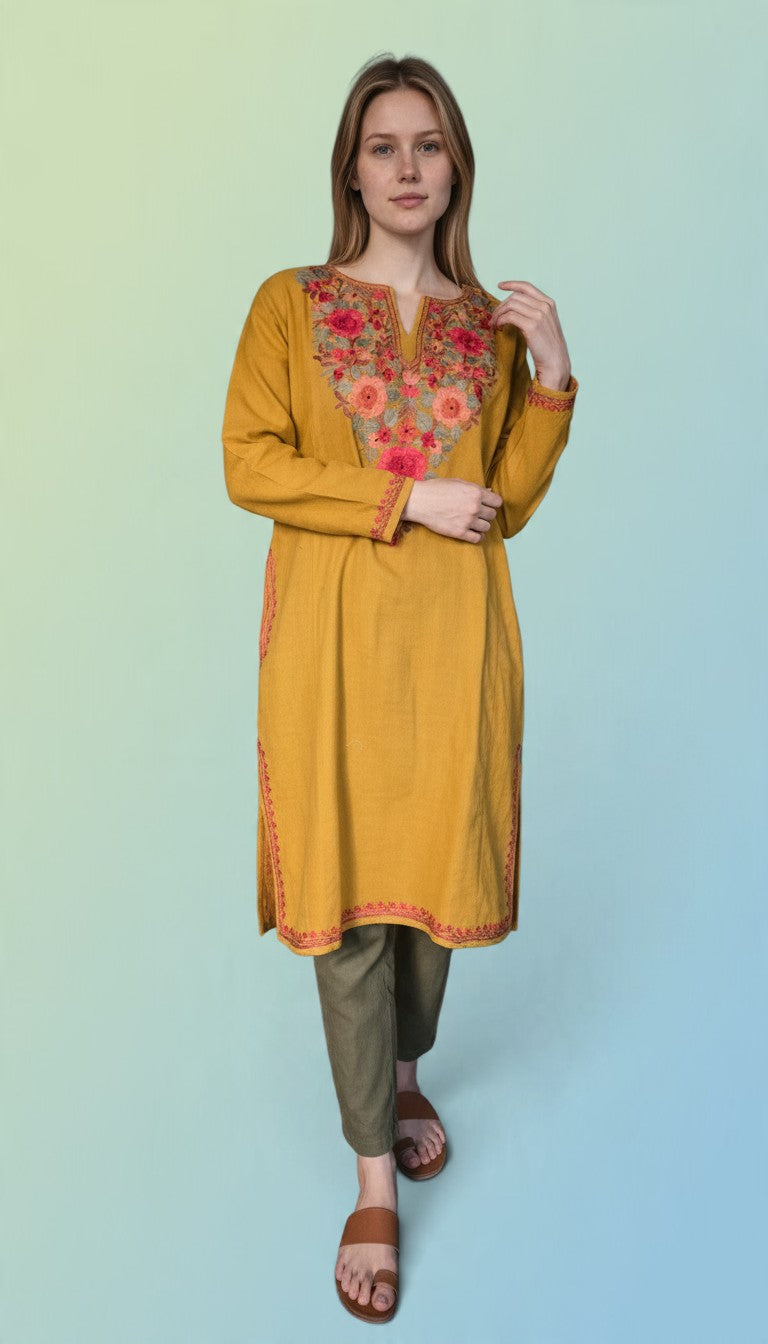 Kashmiri Woolen Pheran with Traditional Aari Embroidery - Mustard
