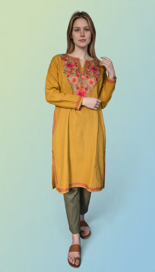Kashmiri Woolen Pheran with Traditional Aari Embroidery - Mustard
