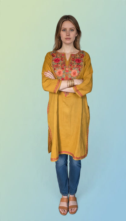 Kashmiri Woolen Pheran with Traditional Aari Embroidery - Mustard