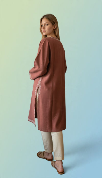 Kashmiri Woolen Pheran with Traditional Aari Embroidery - Pink