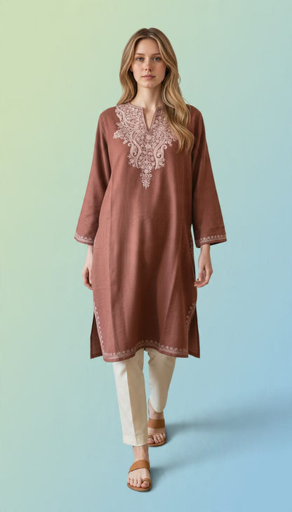 Kashmiri Woolen Pheran with Traditional Aari Embroidery - Pink
