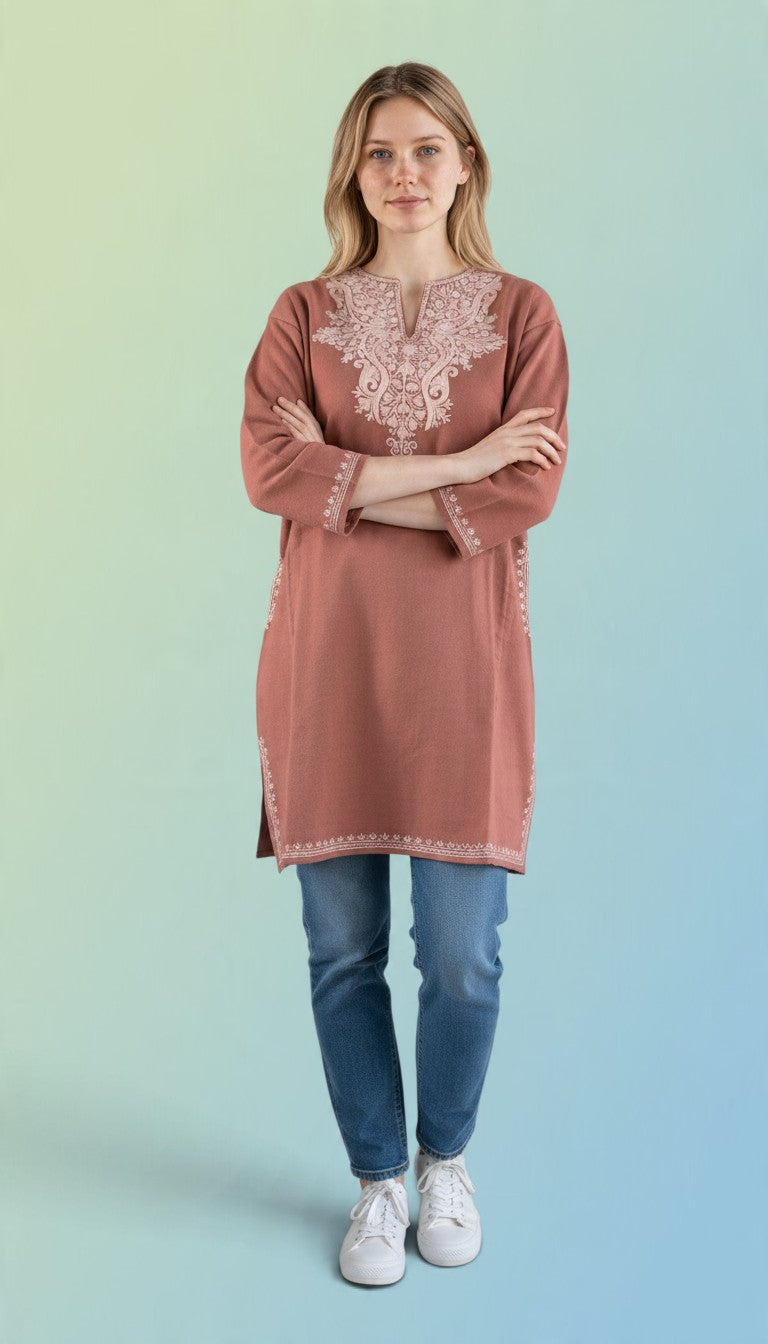 Kashmiri Woolen Pheran with Traditional Aari Embroidery - Pink
