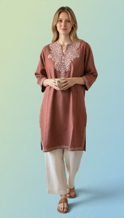 Kashmiri Woolen Pheran with Traditional Aari Embroidery - Pink
