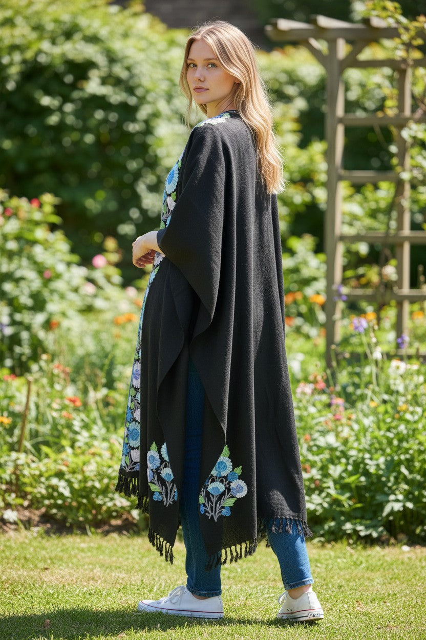 Kashmiri Ponchu for Women, Woolen Shrugs - Black