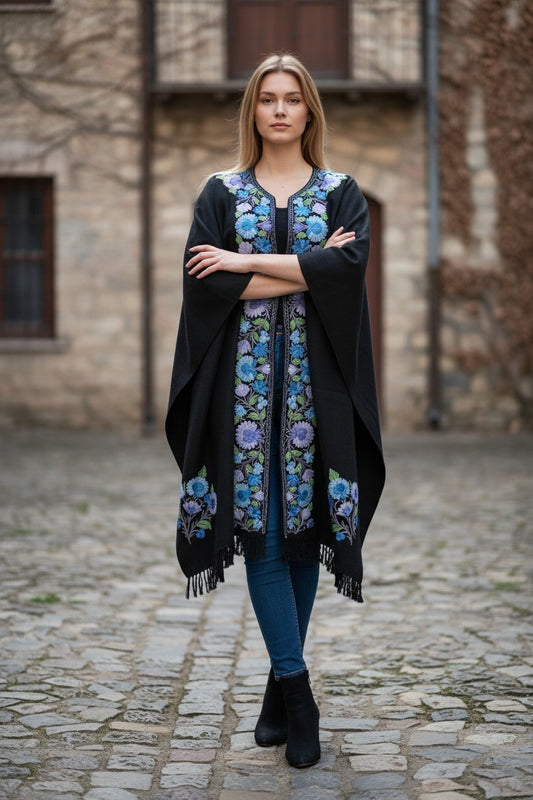 Kashmiri Ponchu for Women, Woolen Shrugs - Black
