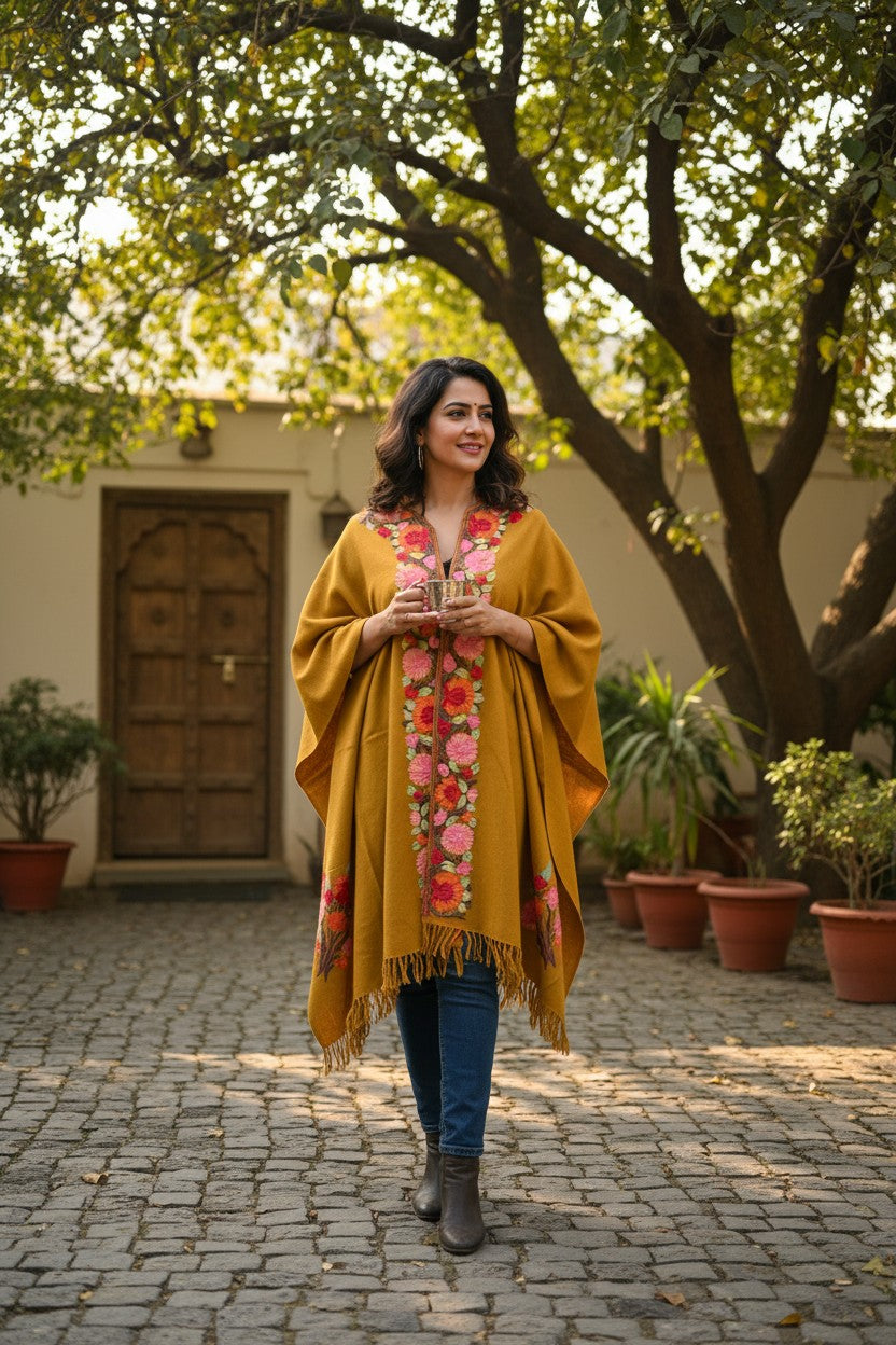 Kashmiri Ponchu for Women, Woolen Shrugs - Mustard