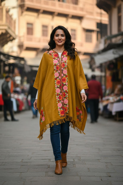 Kashmiri Ponchu for Women, Woolen Shrugs - Mustard