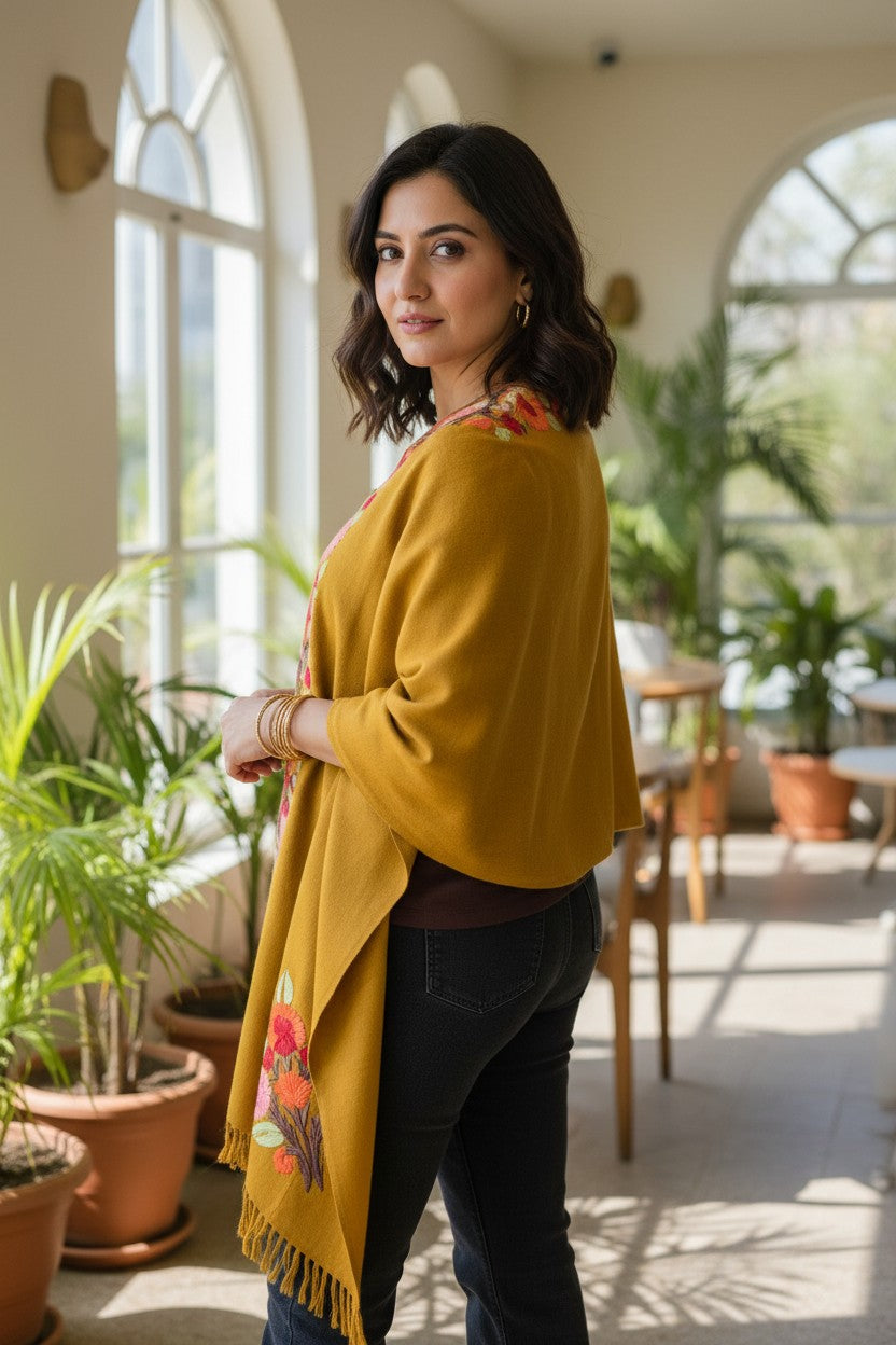 Kashmiri Ponchu for Women, Woolen Shrugs - Mustard
