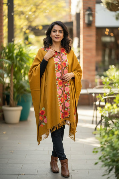 Kashmiri Ponchu for Women, Woolen Shrugs - Mustard