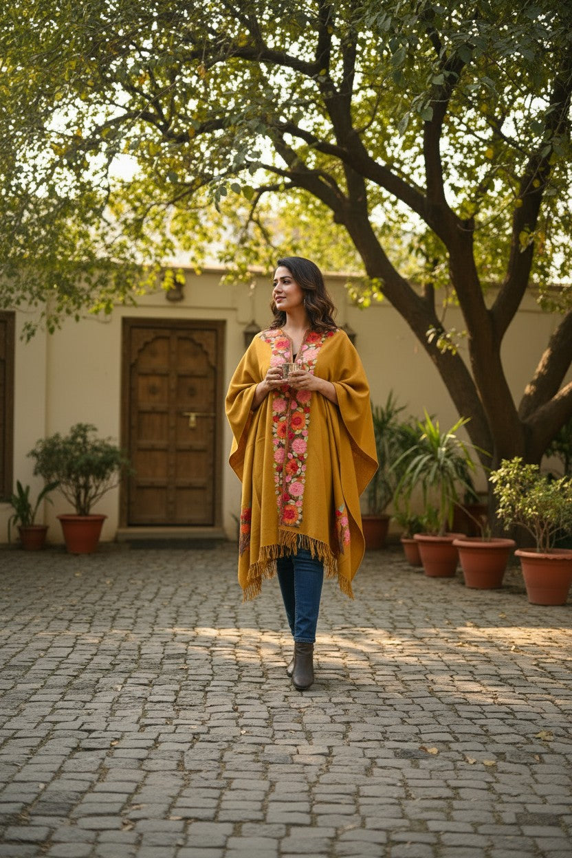 Kashmiri Ponchu for Women, Woolen Shrugs - Mustard