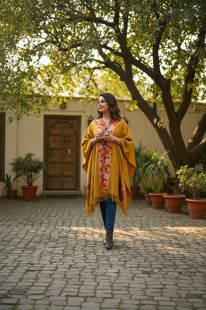 Kashmiri Ponchu for Women, Woolen Shrugs - Mustard