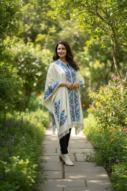 Kashmiri Ponchu for Women, Woolen Shrugs - White