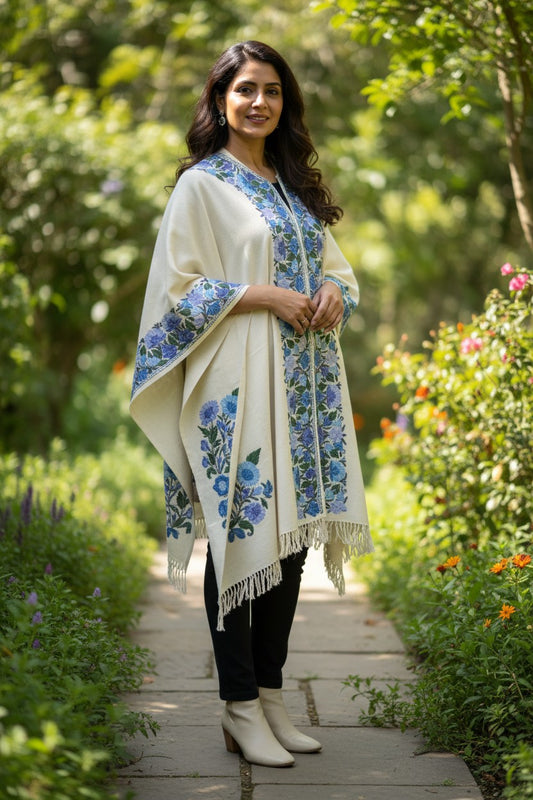 Kashmiri Ponchu for Women, Woolen Shrugs - White
