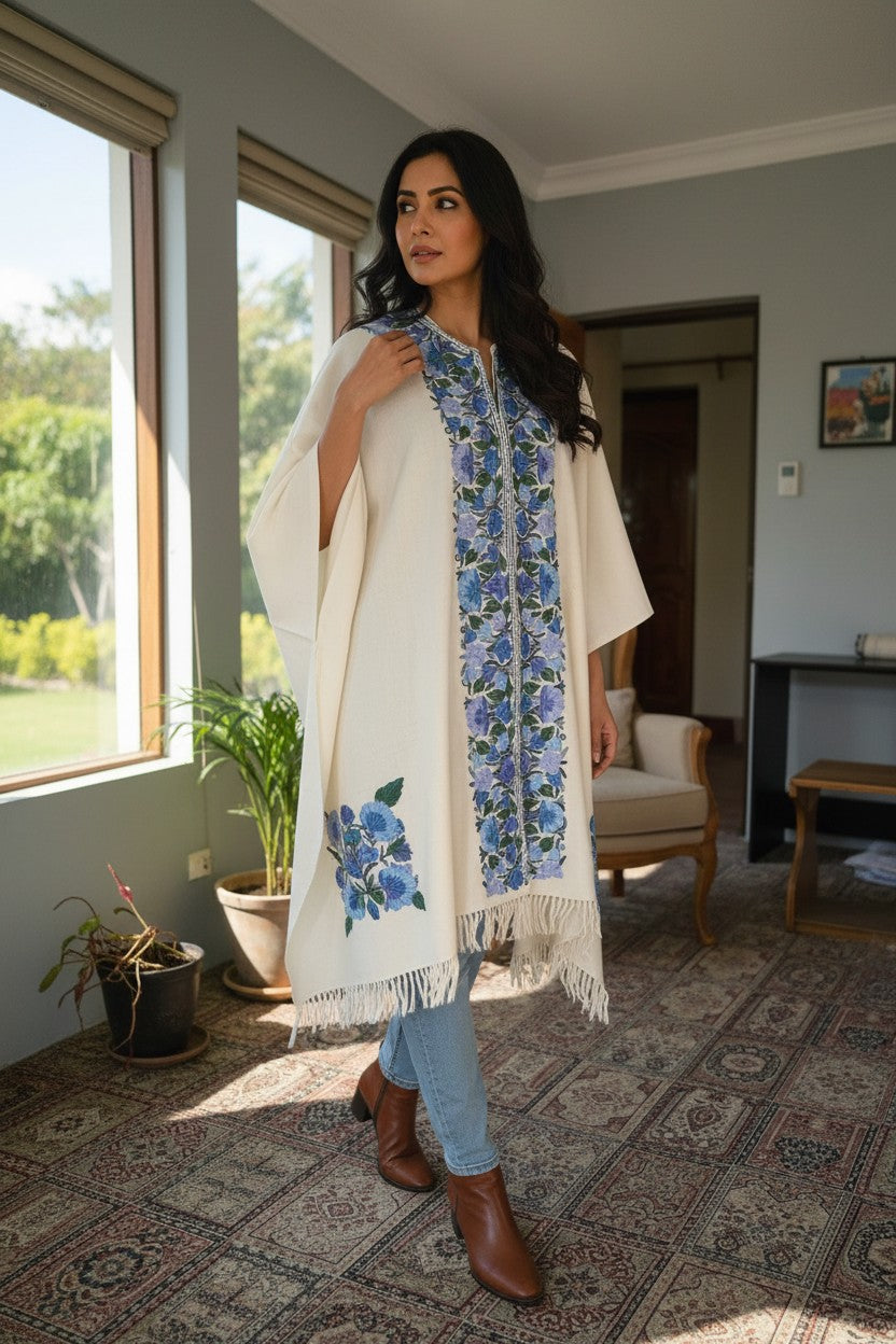 Kashmiri Ponchu for Women, Woolen Shrugs - White
