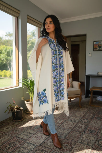 Kashmiri Ponchu for Women, Woolen Shrugs - White