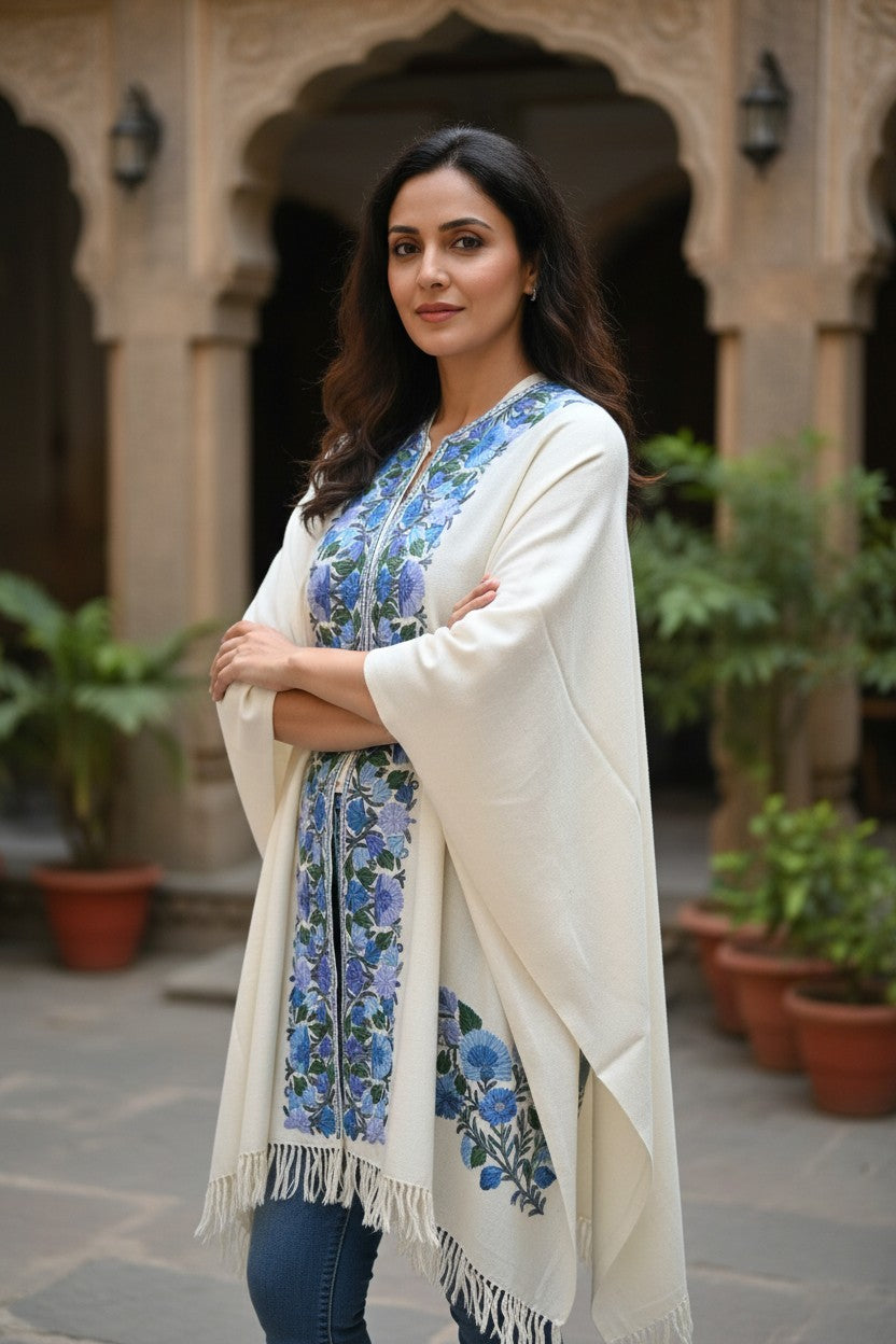 Kashmiri Ponchu for Women, Woolen Shrugs - White