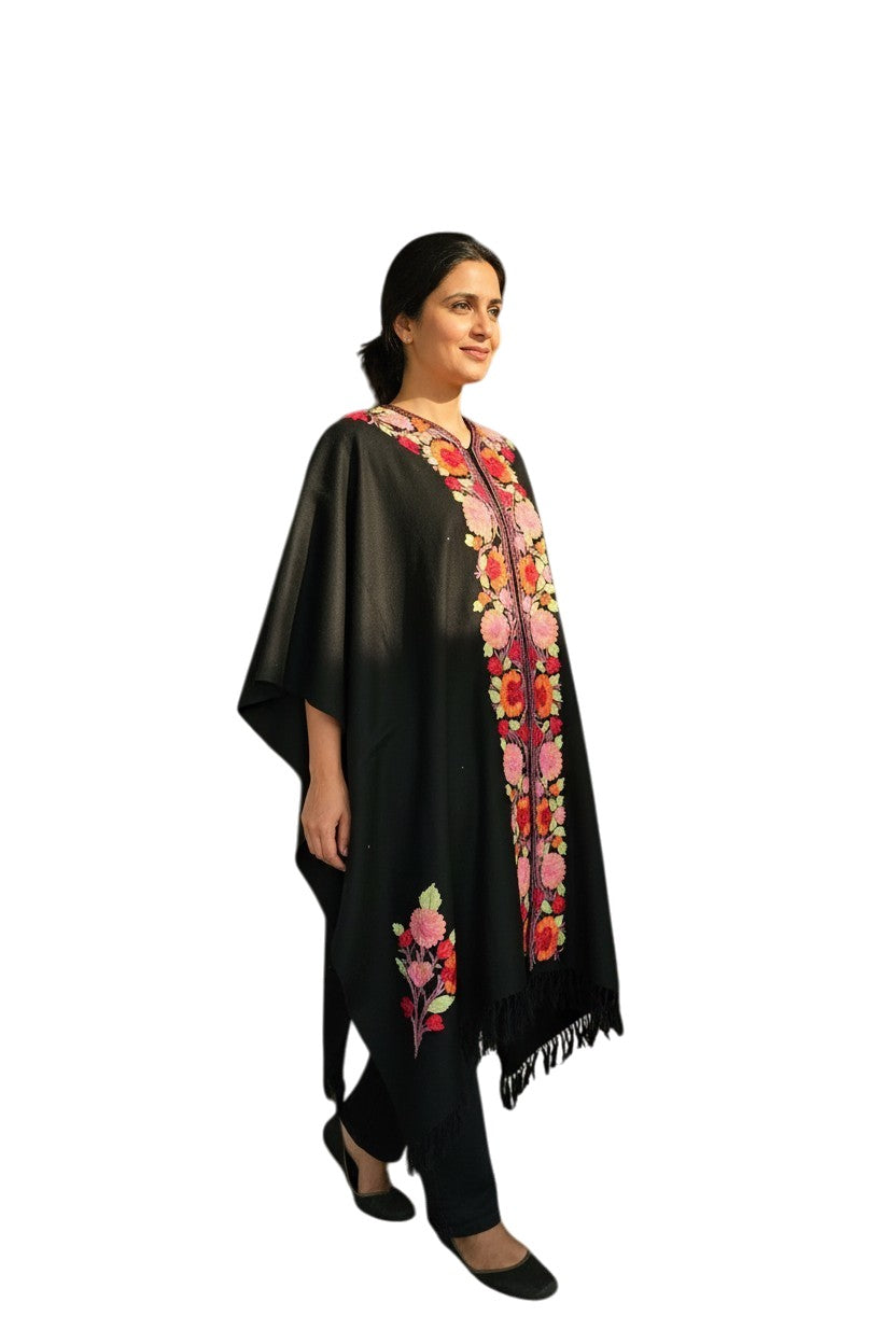 Kashmiri Ponchu for Women, Woolen Shrugs - Black
