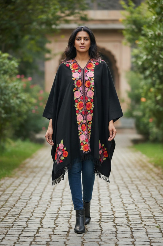 Kashmiri Ponchu for Women, Woolen Shrugs - Black