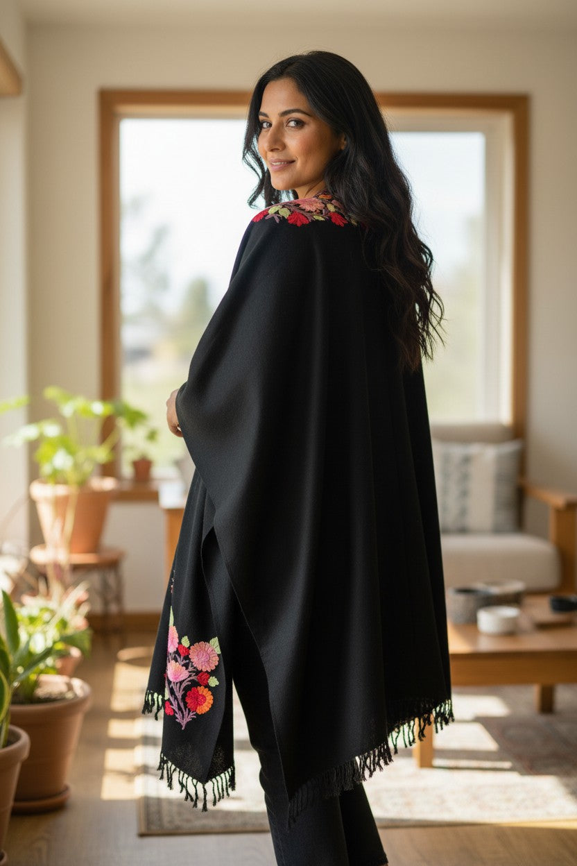 Kashmiri Ponchu for Women, Woolen Shrugs - Black